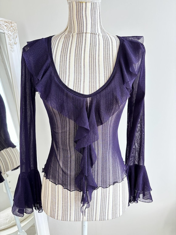 Vintage 90 Sheer Tulle Top Size S, Purple Ruffled Collar