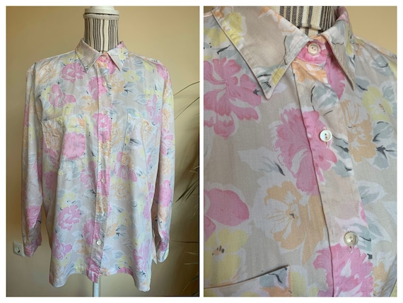 Floral Button up Shirt for Women Size L XL, Vintage 80s Loose Fit Long  Sleeve Collared Shirt, Plus Size Blouse, Pastel Color Retro Top 