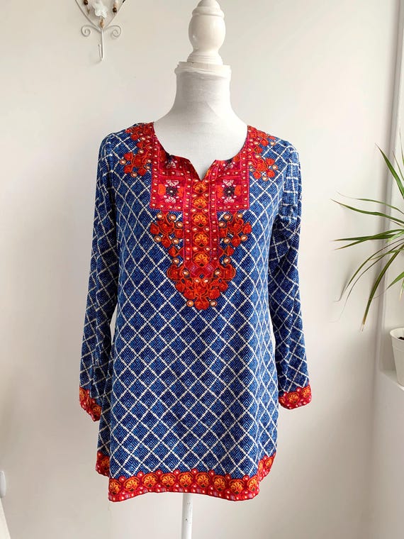 Y2K BIBA Boho Chic Short Kurti Size S, Summer Bohemian Blouse, Straight Long Sleeve Tunic Top, Women's Ethnic Wear Blue Orange Red Shirt