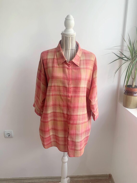 Vintage 90s 100% Cotton Plaid Shirt for Women 2XL Plus Size, Salmon Pink Orange Button Down Blouse, Retro Summer Half Sleeve Checkered Top