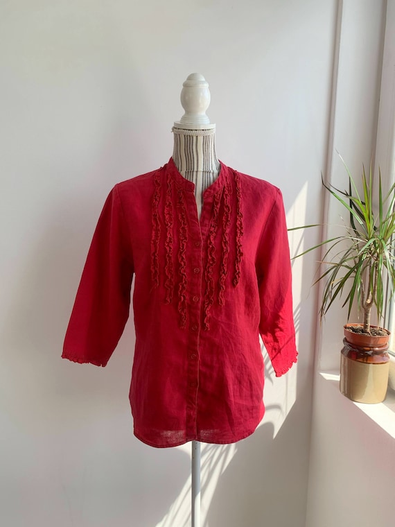 Red Linen Shirt Size M, Vintage Relaxed Linen Blouse, Casual Formal Linen Top For Women, Elegant Summer Office Clothes, 3/4 Sleeve Button Up