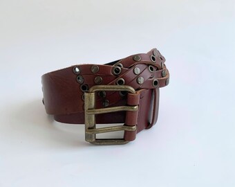 Cinturón de cuero tejido marrón para mujer, 85 cm (34"), cinturón ancho estilo bohemio vintage, cinturón de cuero trenzado estilo bohemio chic, cinturón hippie con tachuelas para festivales