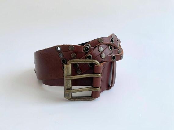 Brown Woven Leather Belt for Women 85 cm 34", Vintage Bohemian Wide Waist Belt, Boho Chic Braided Leather Belt, Hippie Festival Studded Belt