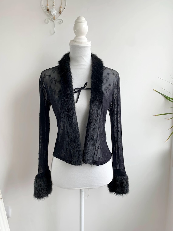 Vintage Y2K Black Lace Shrug One Size, Faux Fur Gothic Mesh Cardigan, Whimsigoth Long Sleeve Crop Top, 90s Grunge Emo Fairycore Sheer Bolero