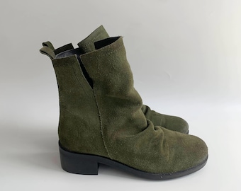 Vintage Moss Green Suede Leather Boots Size 38, UK 5, US 7, Slouchy Slip On Soft Suede Ankle Boots for Women, Lug Sole Low Heel Booties,