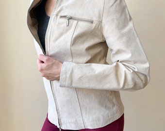 Vintage Tan Leather Blazer for Women Size S, Cream Beige Suede Leather Jacket, Casual Slim Fit Suede Leather Coat, Casual Zip Up Jacket