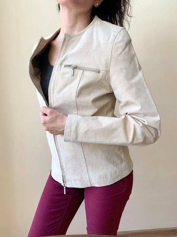 Vintage Tan Leather Blazer for Women Size S, Cream Beige Suede Leather Jacket, Casual Slim Fit Suede Leather Coat, Casual Zip Up Jacket