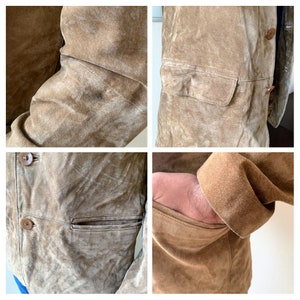 May include: A brown suede jacket with a button closure and two pockets. The jacket has a worn look and is made of a soft, textured material.