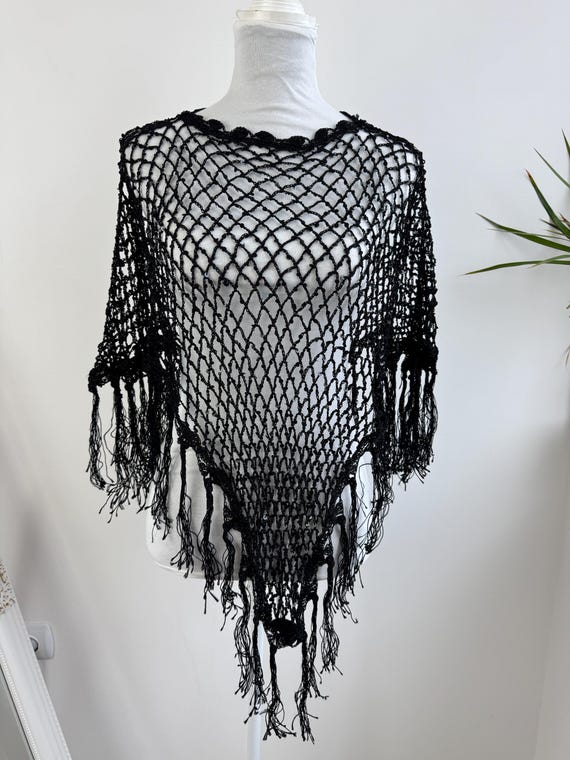 Vintage Sequin Crochet Poncho Shawl, Black Fishnet Flapper Top with Fringe, 90s Y2K Festival Rave Wear, Disco Club Cover Up