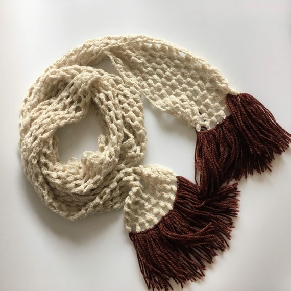 Cream Beige Long Skinny Crochet Scarf with Brown … - image 9