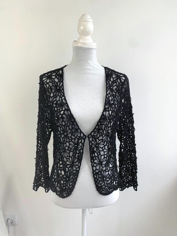 Vintage Black Crochet Bolero Jacket Women's L, 3/4 Sleeve Beaded Sheer Floral Shrug, Open Front Mesh Cardigan Sweater, Evening Lace Cover Up