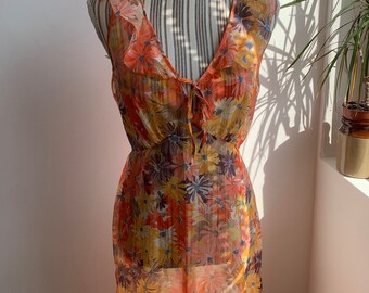 Vintage 70s Psychedelic Floral Maxi Dress, Sheer Long Vintage 70s Psychedelic Floral Maxi Dress, Sheer Long