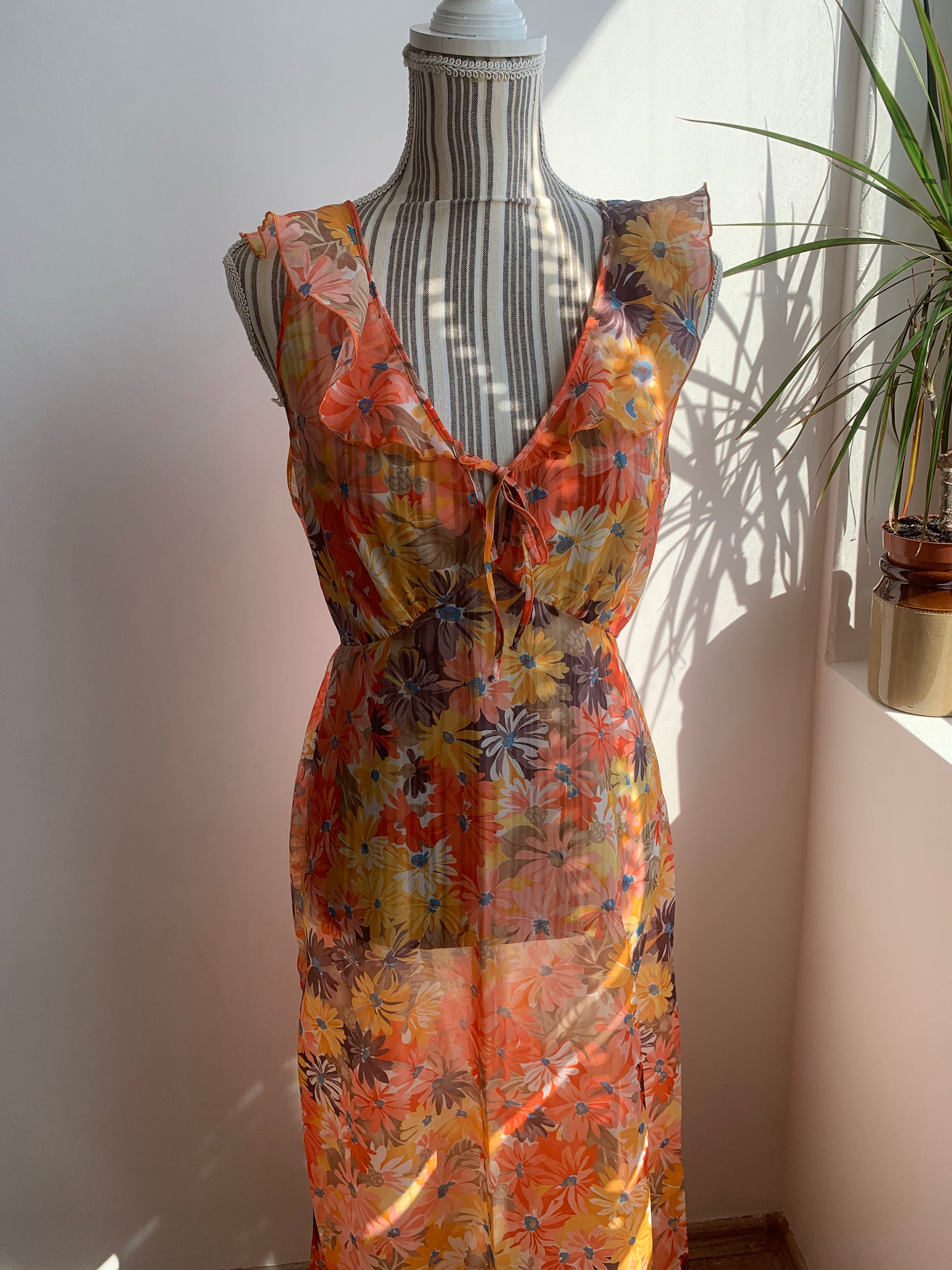 Vintage 70s Psychedelic Floral Maxi Dress, Sheer Long Vintage 70s Psychedelic Floral Maxi Dress, Sheer Long