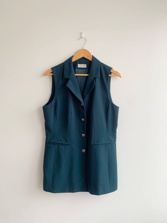 Turquoise Teal Blue Green Sleeveless Notched Collared Blazer Jacket For Women Size M L, 90s Preppy Elegant Business Office Vest Waistcoat