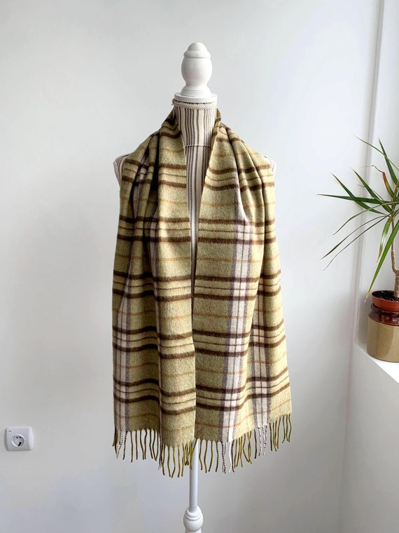 Vintage 100% Pure Wool Scarf, Checkered Tartan Scarf, Olive Green Camel Beige Brown Plaid Neck Scarf, Fringed Winter Scarf, Soft Neck Warmer
