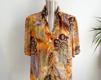 Vintage jaren 90 abstracte bloemen pure button-down shirt voor vrouwen maat L oranje transparant zomertop boho paisley see-through blouse met kraag
