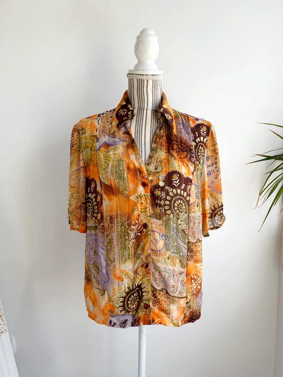 Vintage 90s Abstract Floral Sheer Button Down Shirt for Women Size L Orange Transparent Summer Top Boho Paisley See Through Collared Blouse