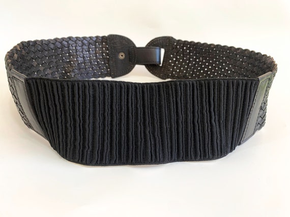 Vintage 90s Elastic Black Cinch Belt, Woven Leath… - image 6