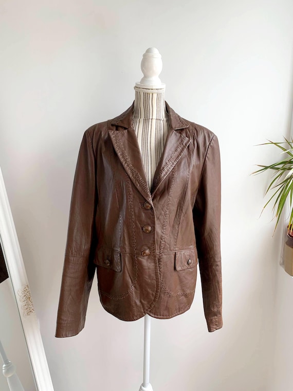 Vintage 90s Brown Real Leather Blazer Women, Genuine Leather Jacket, Boho 70s Style Whipstitch Coat, Slim Fit Button Up Outerwear Size XL