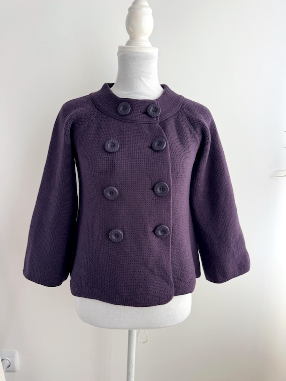 Vintage Eggplant Purple Double Breasted Wool Cardigan Jacket, 100% Merino Wool Cropped Knit Sweater, Wide Sleeve Bolero S/M Made in Italy