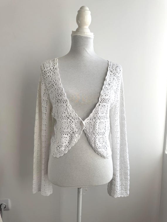 Vintage White Crochet Cardigan Size X L, 100% Cotton Granny Square Cardigan, Sheer Floral Lace Cardigan, Plus Size Mesh Sweater Top