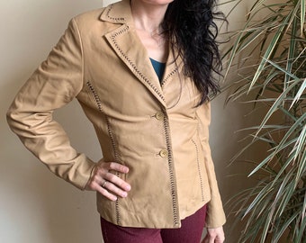 Vintage Tan Leather Blazer for Women Size 38 US 6 S, Boho Leather Blazer, Slim Fit Button Up Blazer Jacket, Camel Brown Leather Jacket