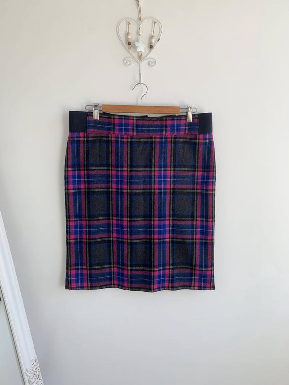 Vintage Plaid Pencil Skirt Size L, 90s Dark Academia Tartan Wool Skirt, High Waisted Hot Pink Cobalt Blue Grey Retro Classic Short Skirt