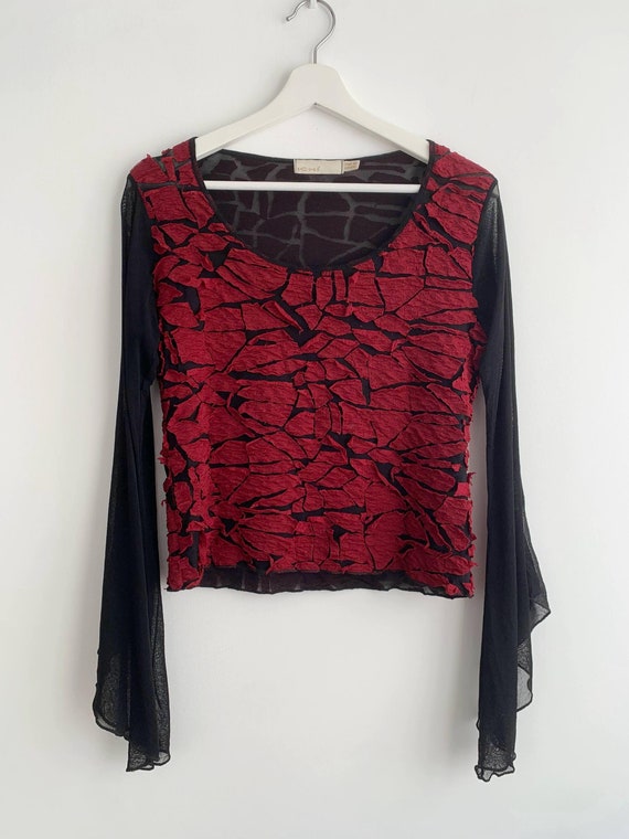 Vintage Sheer Mesh Tulle Blouse for Women Size M L, Black Burgundy Red Overlay Top, See Through Fishnet Top, Long Flare Sleeve Grunge Shirt