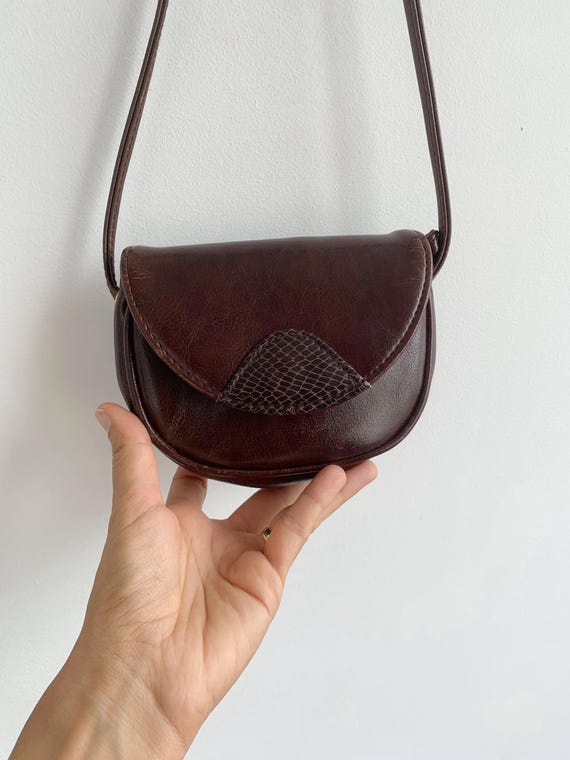 Vintage 90s Mini Crossbody Bag, Tiny Dark Brown Vegan Leather Purse with Faux Snakeskin Detail, Small Boho Satchel, Vinyl Waist Belt Bag