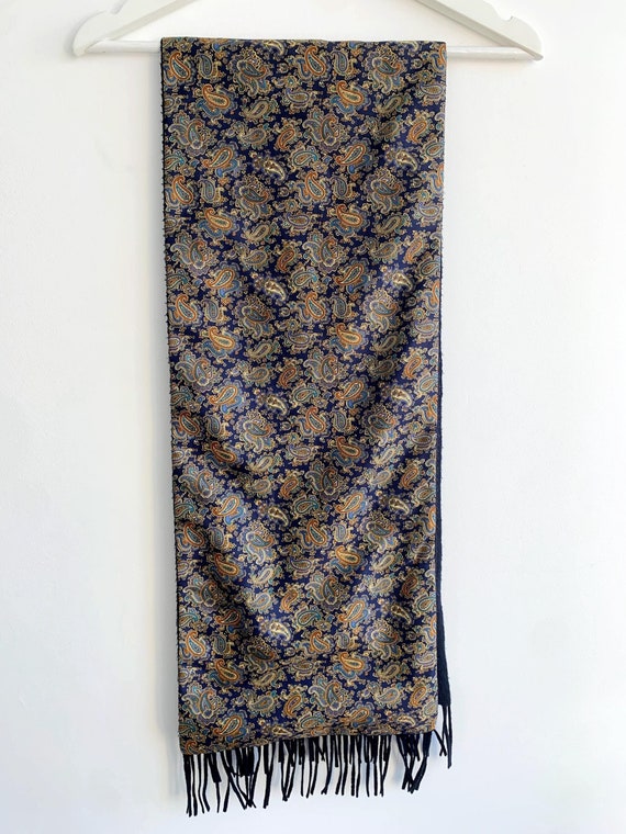 Vintage Navy Camel Oblong Scarf, Unisex Double Sided Scarf, Paisley Print Wool Neck Scarf, Formal Business Elegant Mens Scarf, Gift for Him