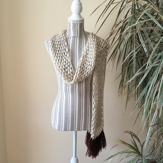 Cream Beige Long Skinny Crochet Scarf with Brown … - image 4