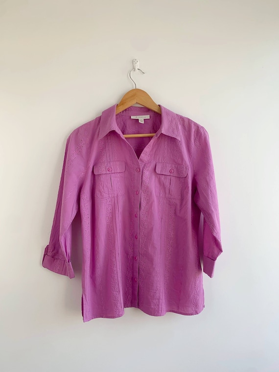 Vintage Pink Summer Shirt or Women Size M, Floral Eyelet Embroidery Shirt, Loose Fit 3/4 Sleeve Collared Blouse, Pure Cotton Button Up Shirt