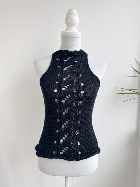 Vintage Italian Black Crochet Halter Top, Avant Made in Italy Y2K Knit Tank Open Work Mesh Summer Vest, Boho Chic Sleeveless Knitwear Size M