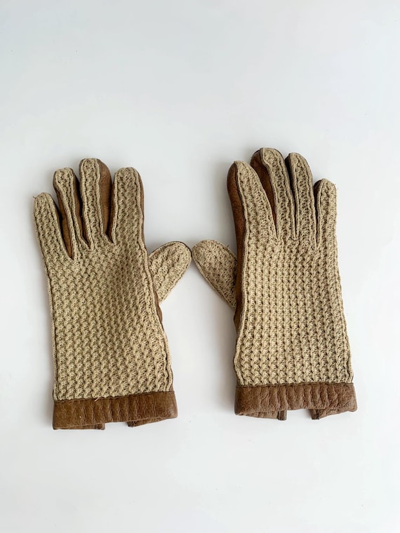Vintage 60s 70s Crochet Knitted Cycling Gloves, Soft Genuine Leather Gloves for Women Size 7, Ivory Ecru Brown Lace Leather Bicycle Gloves