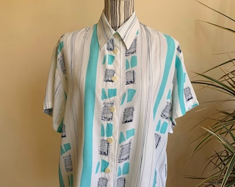 Vintage 80s Summer Short Sleeve Shirt for Women, White Light Blue Button Up Shirt, Loose Fit Boxy Button Front Top, Retro Blouse Size M
