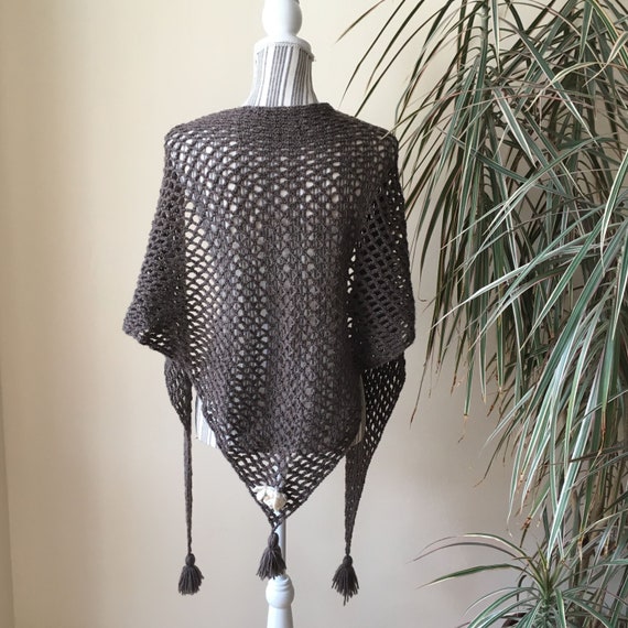 Brown Crochet Fishnet Shawl With Tassels, Open Knit Handmade Shoulder Wrap Winter Triangle Scarf, Gift for Wife