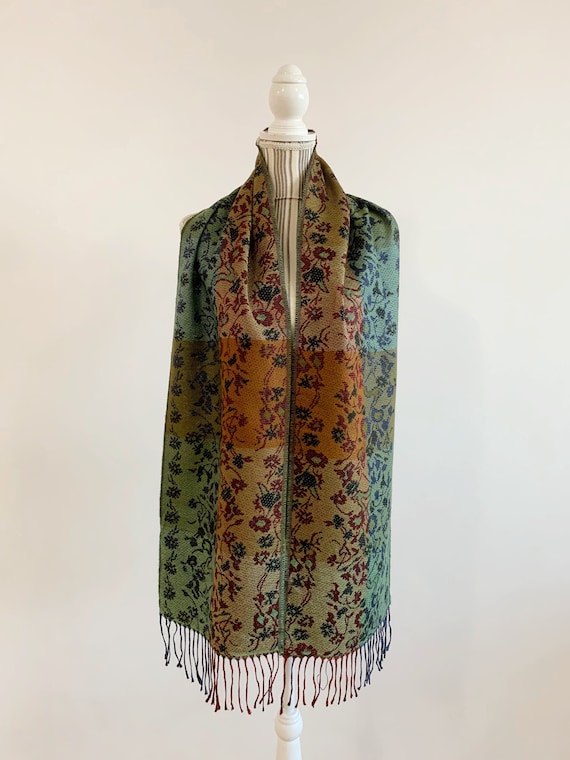 Double Sided Fluffy Winter Scarf, Vintage 90s Versatile Fringed Coat Scarf, Floral Print Burnt Orange Olive Green Scarf