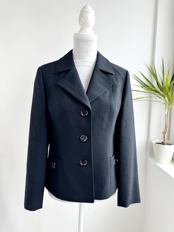 Vintage Black Wool Blazer Women, Wilken Modell 100% Pure New Wool Jacket, Classic Fitted Cropped Blazer, 80s Minimalist Workwear Coat Size M