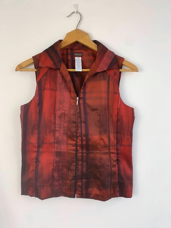 French Vintage 90s KENZO Paris Vest Women's L/XL, Red Silk Blend Top, Designer Collared Sleeveless Blouse, Abstract Satin Zip-Up Shirt