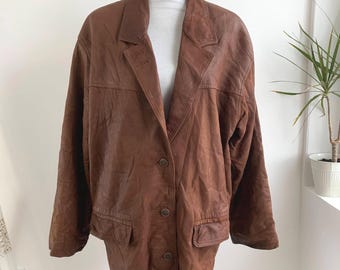 Vintage Braun Weiches Leder Blazer Jacke für Frauen, Sperrig Übergroße Distressed Echtleder Mantel, 90er Jahre Boho Grunge Oberbekleidung Plus Größe L / XL