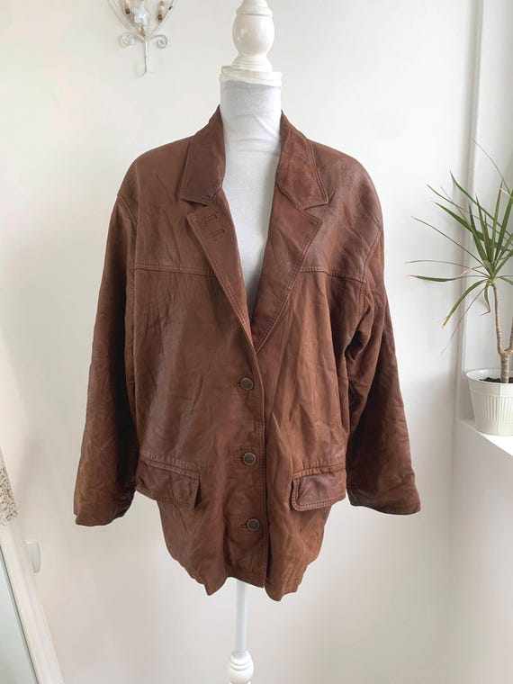 Vintage Brown Soft Leather Blazer Jacket for Women, Bulky Oversized Distressed Real Leather Coat, 90s Boho Grunge Outerwear Plus Size L/XL