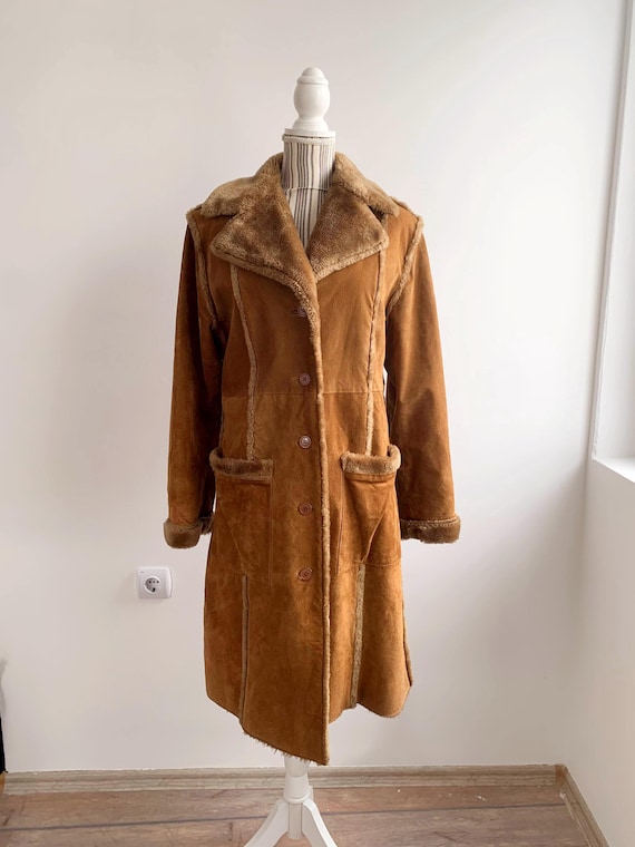 Vintage Brown Real Suede Shearling Coat for Women Size L, 70s Boho Chic Faux Fur Lined Long Leather Jacket, Italian Winter Maxi Overcoat
