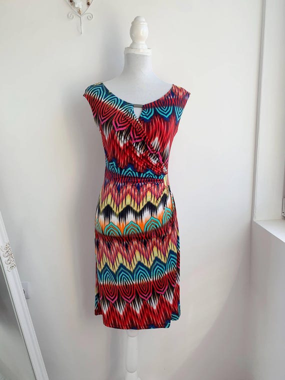 French Vintage Y2K Lady Sol Paris Abstract Print Dress Size M, Colorful Artsy Geometric Chevron Midi Dress, Red Blue Yellow Boho Tribal