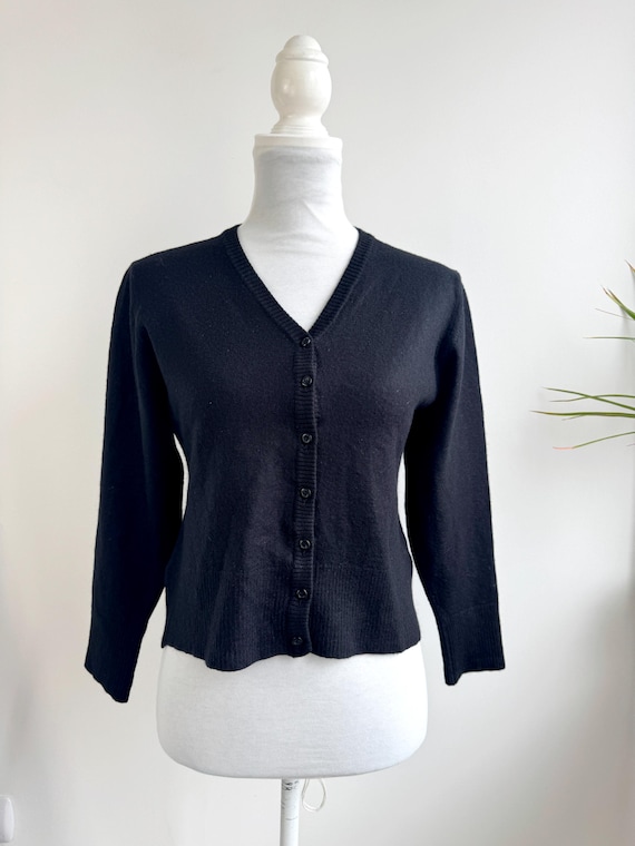 Vintage 90s Black Wool Cardigan, Lalique Cropped Knit Sweater, Minimalist V-Neck Button Up, Knitted Clothing, Retro Short Cardigan Size S