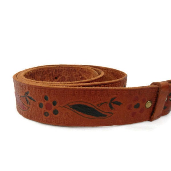 70s Leather Belt, Tooled Leather Belt, Embossed Belt, Carved Leather Belt, Cognac Brown Belt, Floral Hippie Belt, Bohemian Belt, Boho Belt