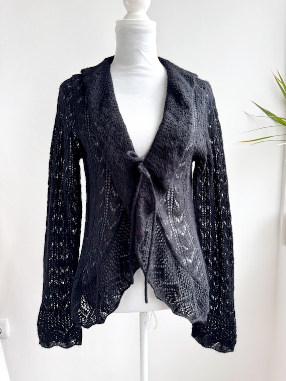 Vintage Black Mohair Blend Lace Knit Cardigan, Tie Front Shrug Sweater, Waterfall Pointelle Knitted Jacket, Boho Goth Layering Top Size S