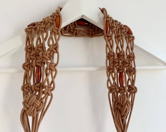 Vintage Camel Brown Macrame Belt for Women with Tassels, 90s Cotton Cord Tie Belt, Bohemian Rope Beaded Belt, Hippie Fringed Braided Belt