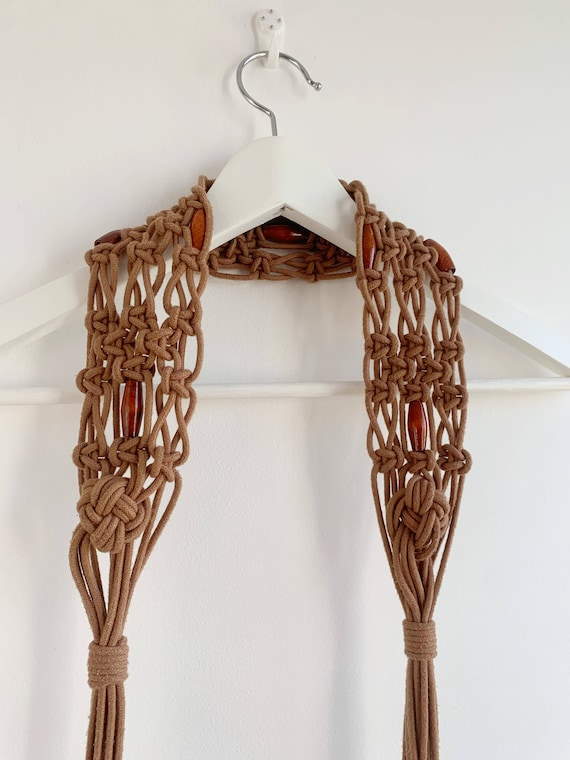Vintage Camel Brown Macrame Belt for Women with Tassels, 90s Cotton Cord Tie Belt, Bohemian Rope Beaded Belt, Hippie Fringed Braided Belt