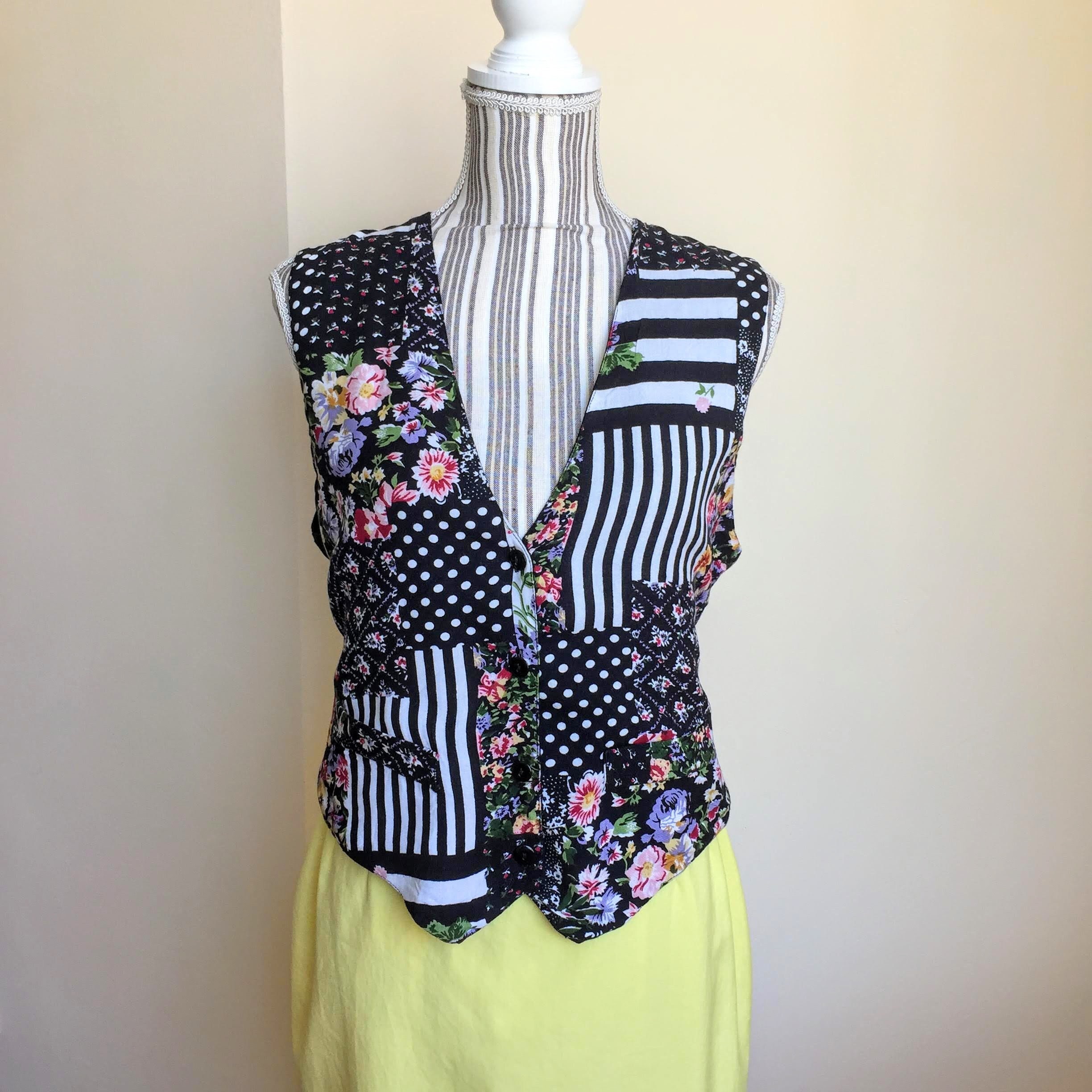 Vintage Floral Button Down Vest for Women Size M, Colorful Tie