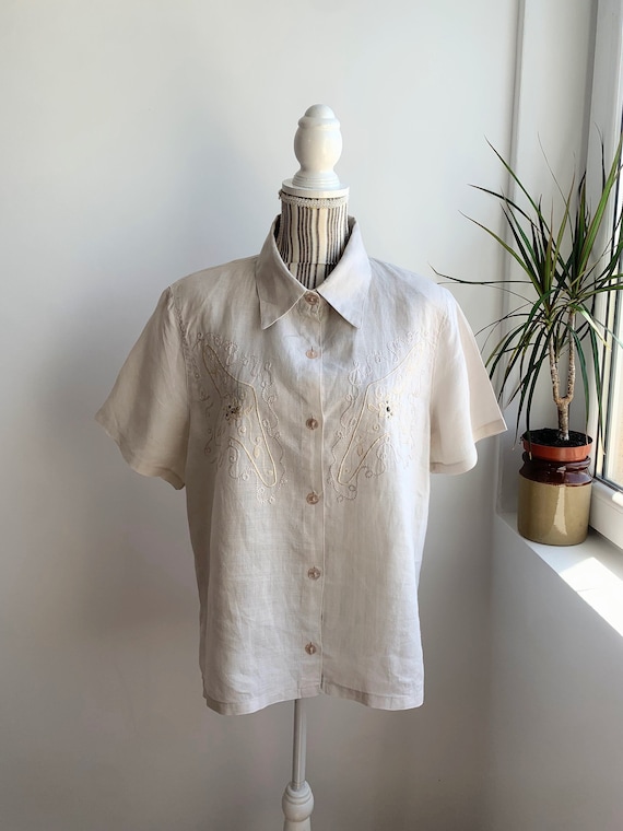 Beige Linen Short Sleeve Shirt Size XXL, Vintage Boho Button Up Blouse with Collar, Summer Embroidery Shirt For Women,  Plus Size Flax Top
